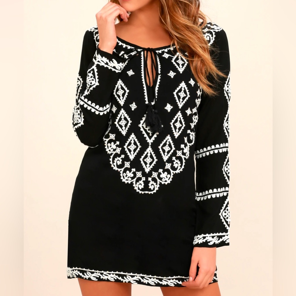 Lulus Black & White Embroidered Mini Dress